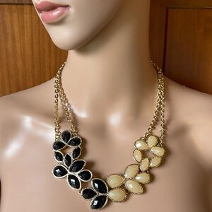 Yellow and Black Petal Gold Tone Double Chain Rhinestone Statement Neckl…